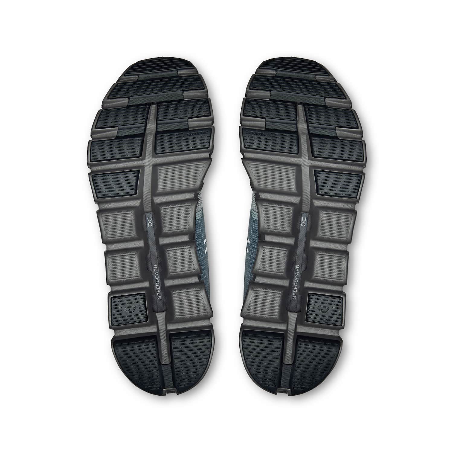 On Cloud 6 running shoes soles showing black and grey segmented outsole pattern