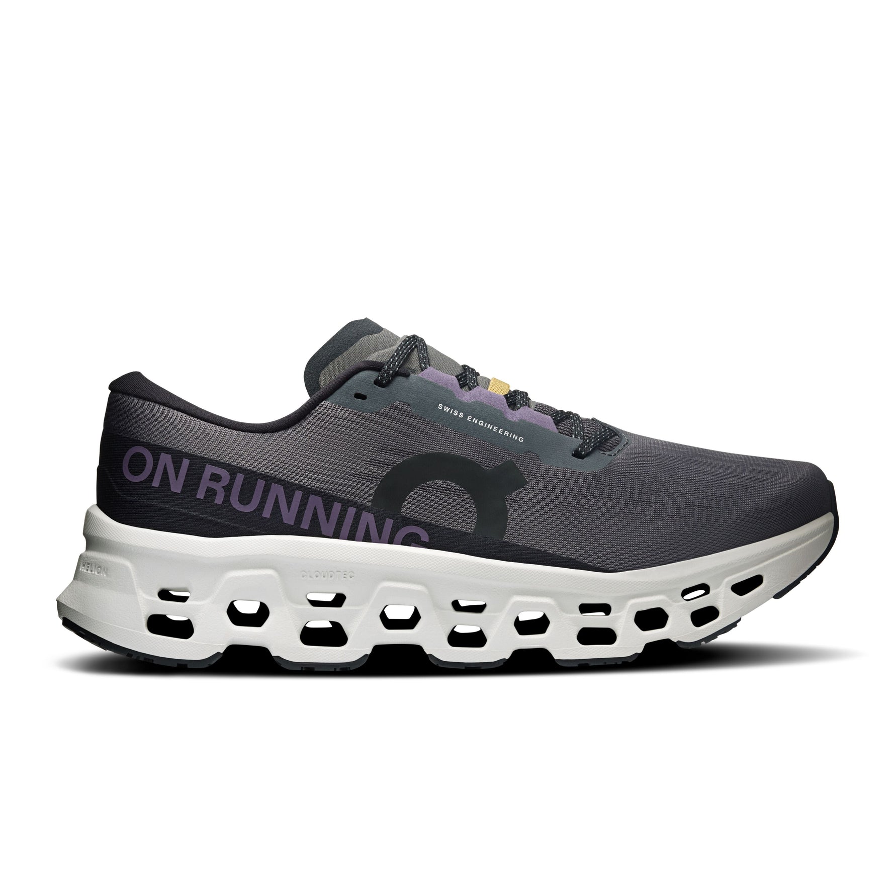 On Cloudmonster 3 running shoe in tin gray with distinctive white CloudTec sole