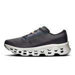 On Cloudmonster 3 running shoe in gray tin color with distinctive white cloud sole