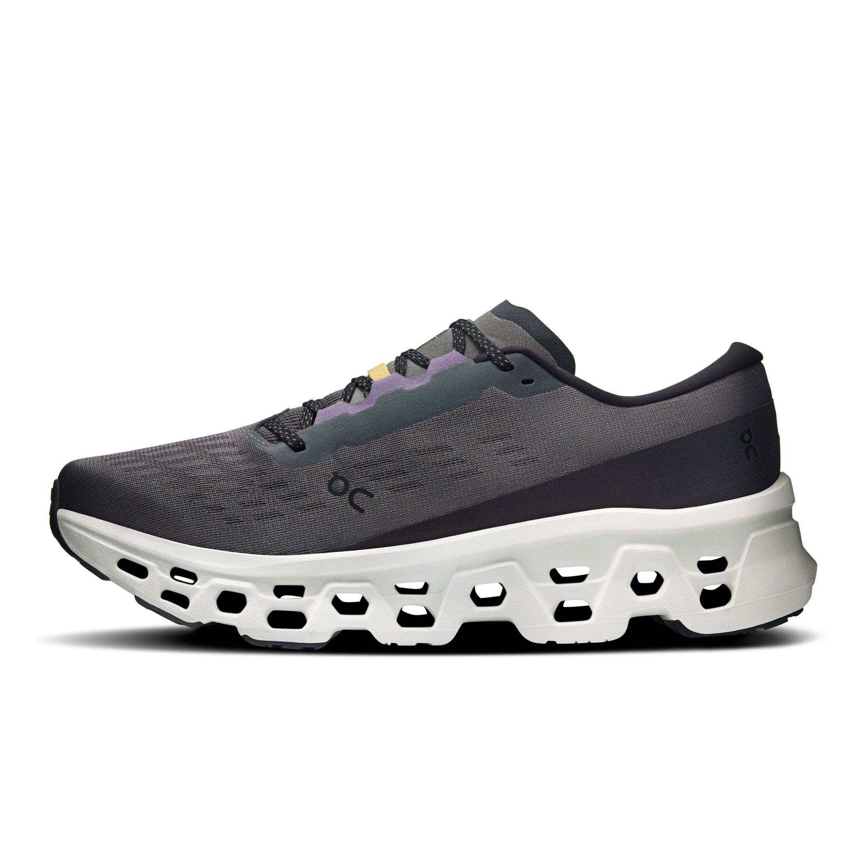On Cloudmonster 3 running shoe in gray tin color with distinctive white cloud sole