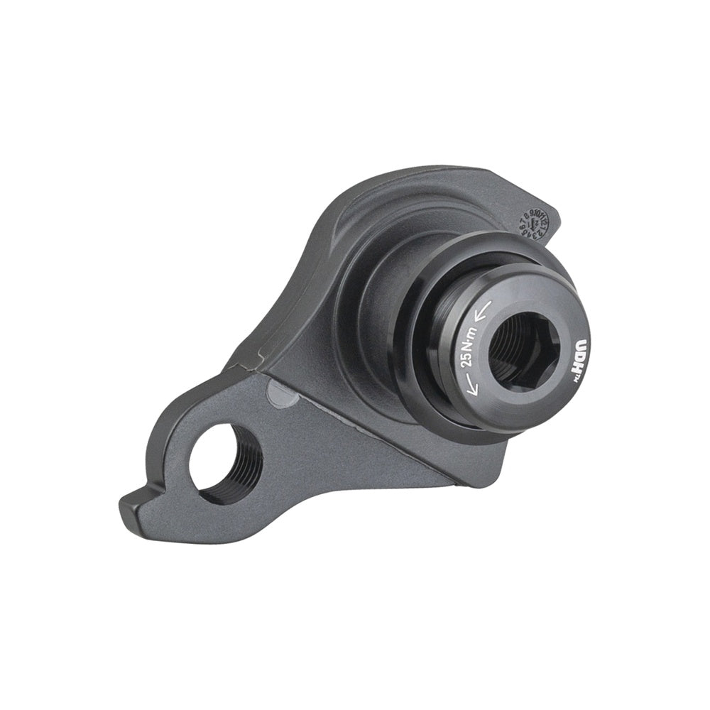 Black Trek Electra derailleur hanger component with threaded mounting holes on white background