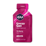 GU Energy Gel Tri-Berry flavor packet with pink gradient design and caffeine