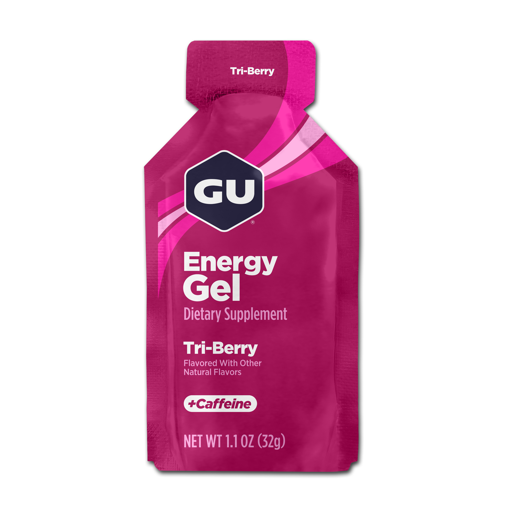 GU Energy Gel Tri-Berry flavor packet with pink gradient design and caffeine