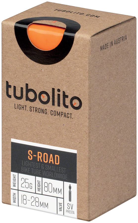 Tubolito S-Road bike tube packaging showing orange inner tube in cardboard box
