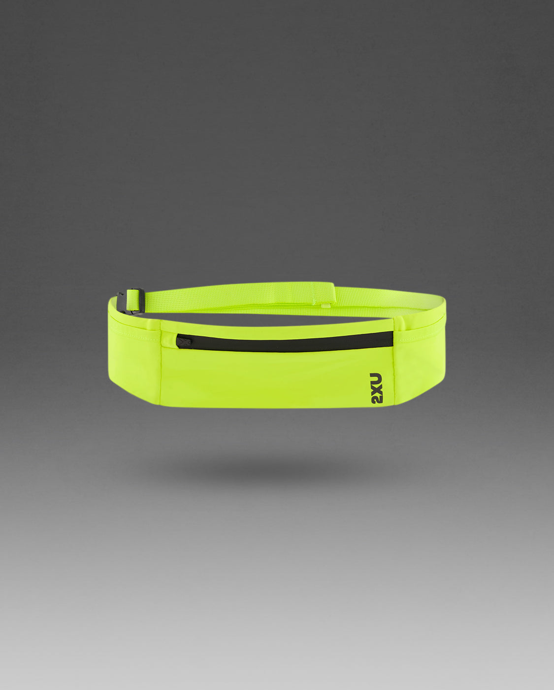 2XU Run Belt in bright volt yellow with black zipper and reflective accents