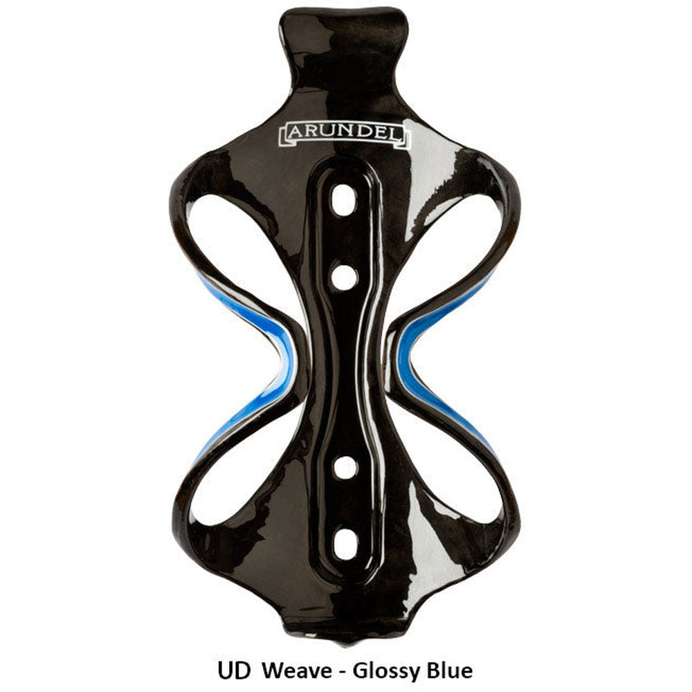 Arundel black glossy bicycle bottle cage with blue accent stripes and mounting holes
