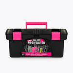 Muc-Off Ultimate Bicycle Care Kit black toolbox with pink accents and cleaning supplies