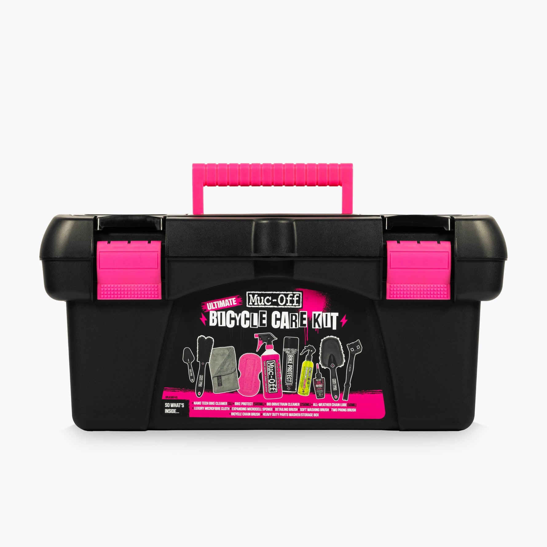 Muc-Off Ultimate Bicycle Care Kit black toolbox with pink accents and cleaning supplies