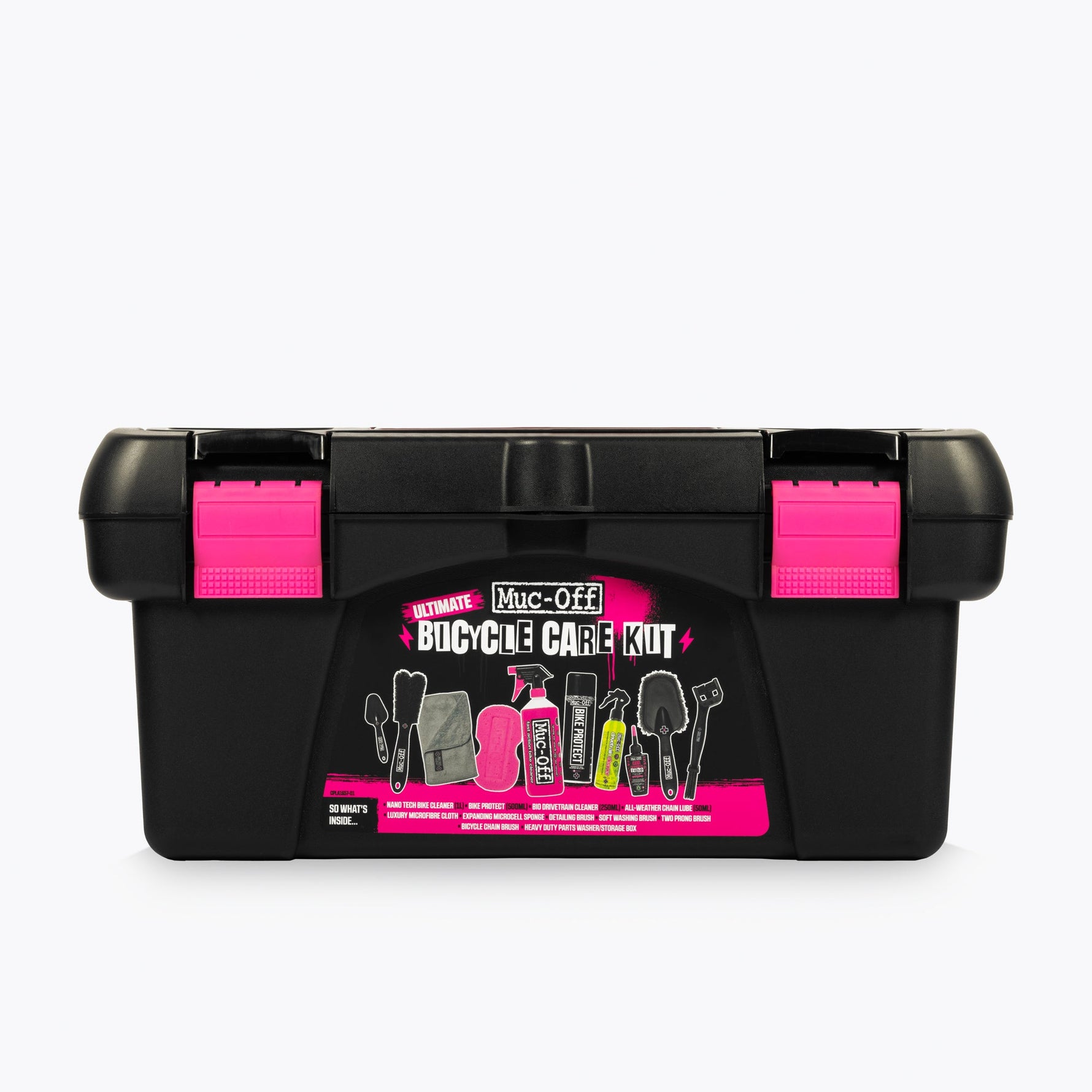 Muc-Off Ultimate Bicycle Care Kit black toolbox with pink clasps and product graphics