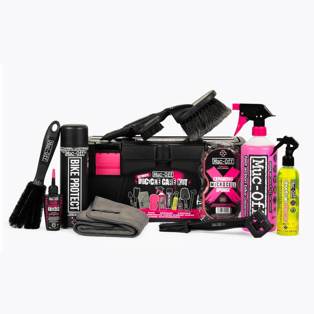 Muc-Off Ultimate Bicycle Care Kit with cleaning products, brushes, and carrying case