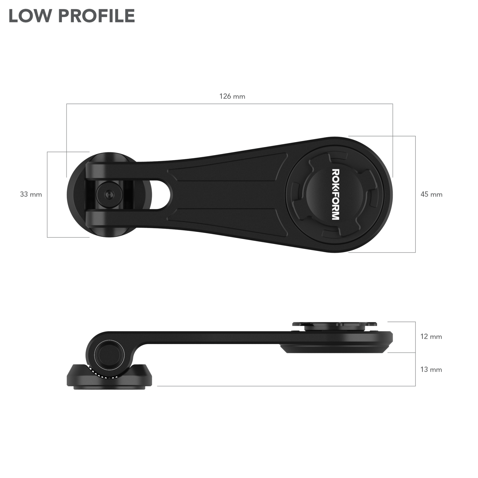 Black Rokform Pro-Series iPhone bike mount with technical dimensions and low profile design