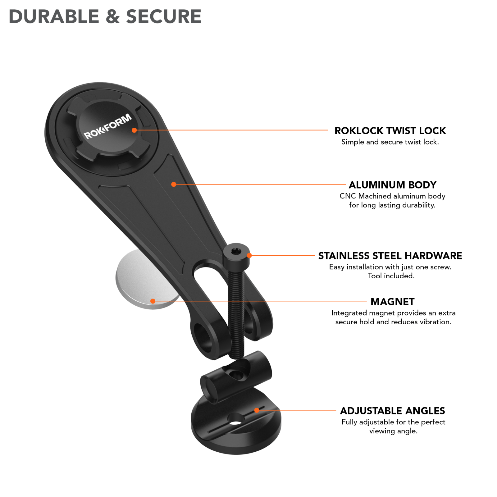 Rokform bike mount exploded view showing black aluminum body with twist lock mechanism