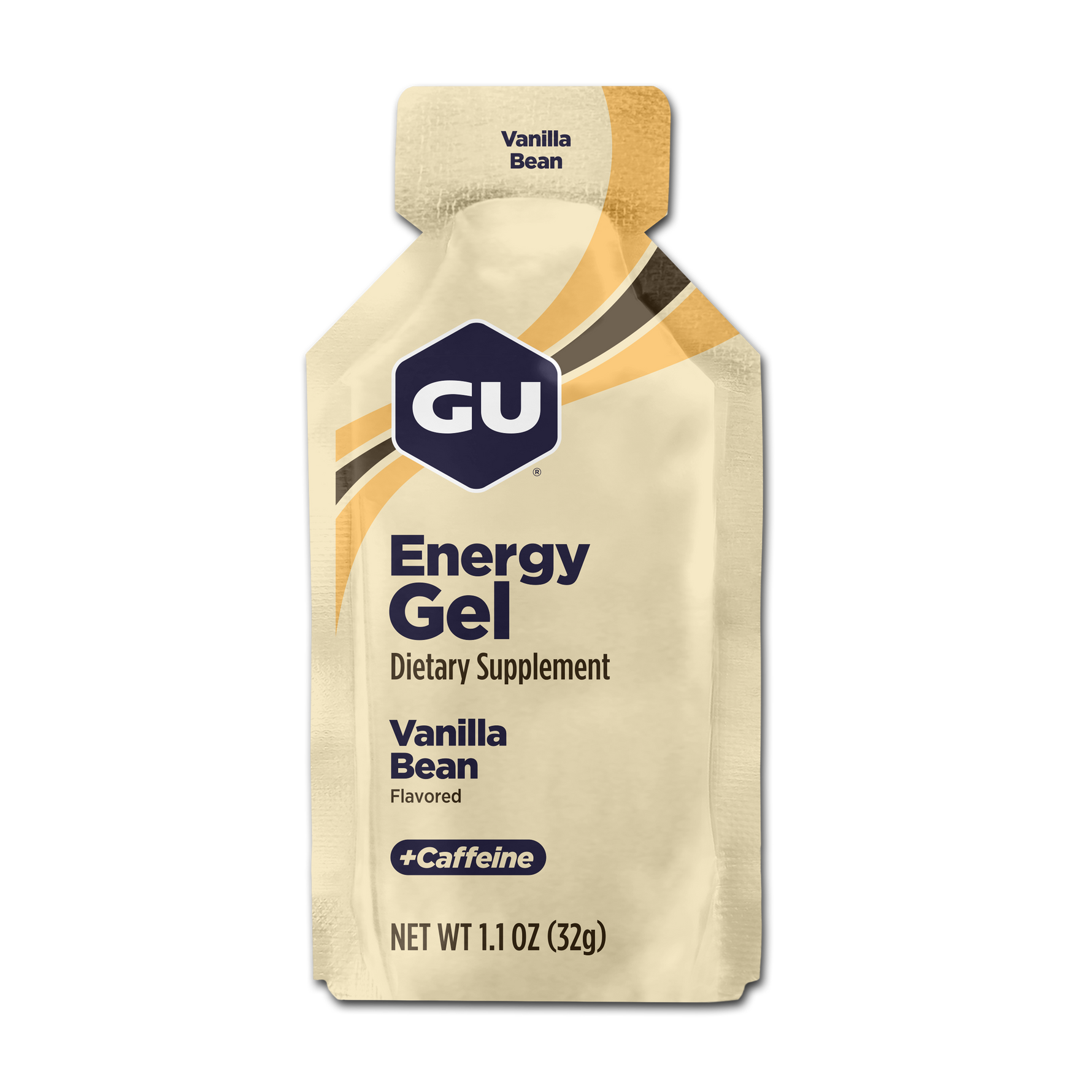 GU Energy Gel Vanilla Bean flavored dietary supplement packet with caffeine