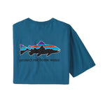 Patagonia blue organic cotton t-shirt with colorful trout graphic and environmental message