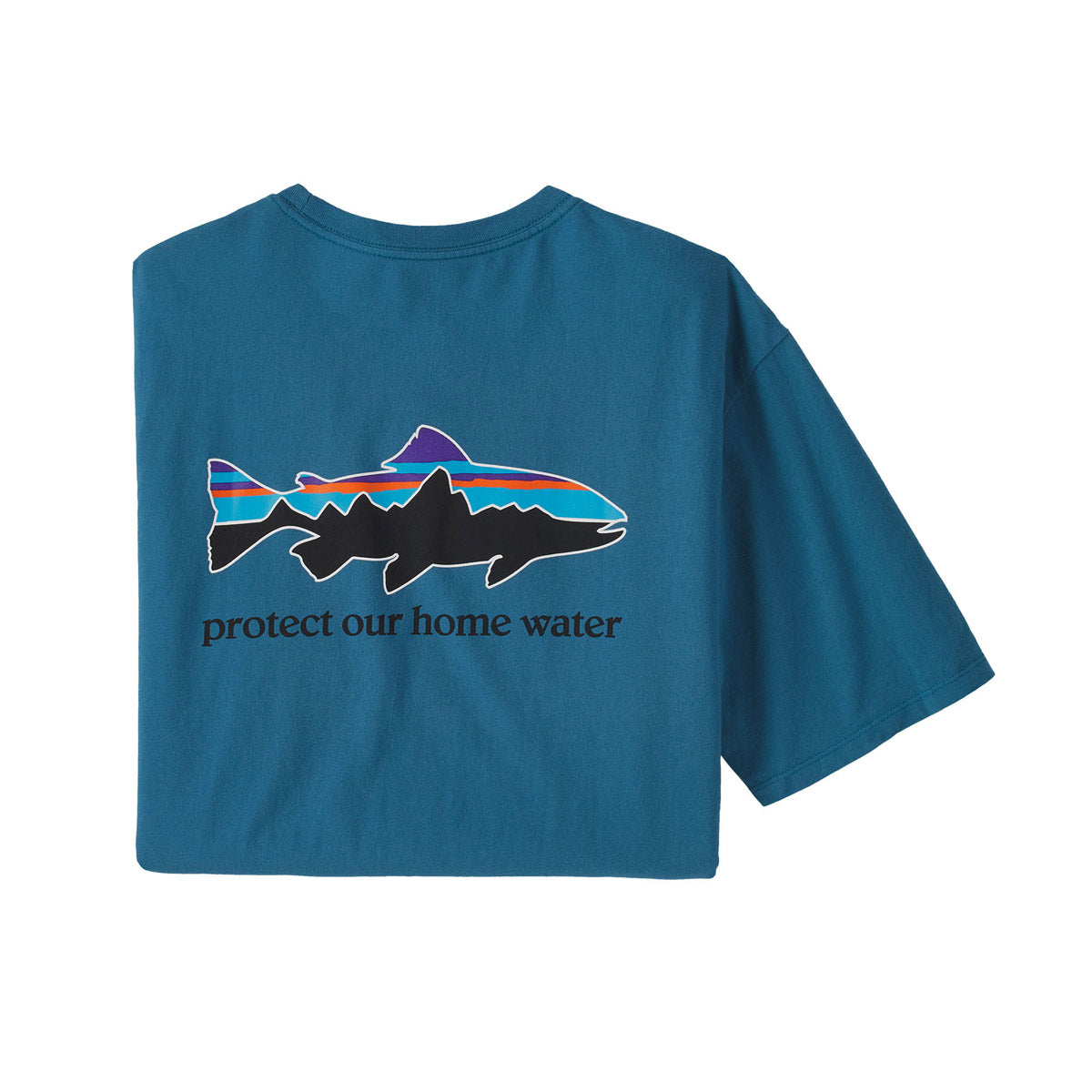 Patagonia blue organic cotton t-shirt with colorful trout graphic and environmental message
