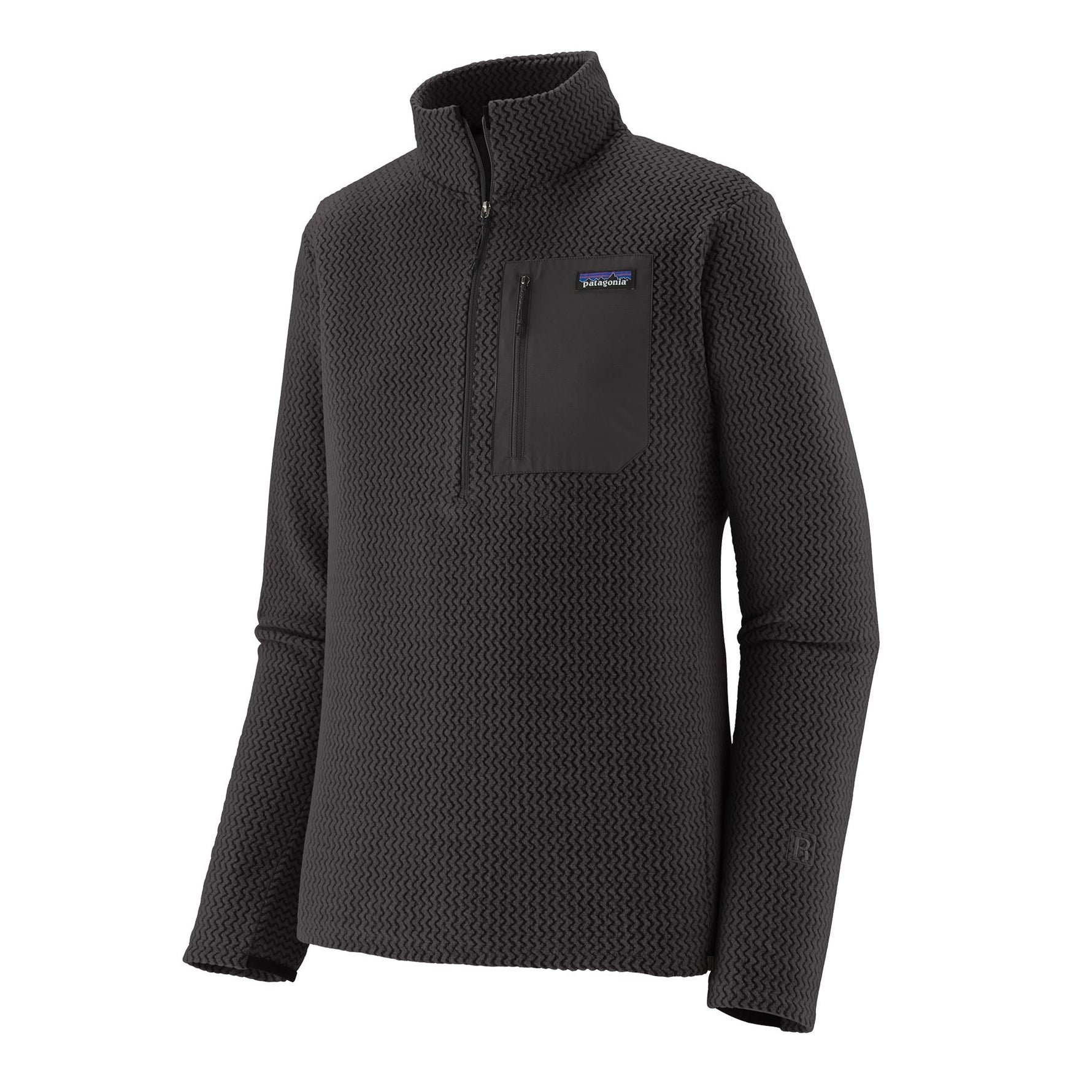 Patagonia R1 Air Fleece Zip-Neck in dark gray with textured fabric pattern