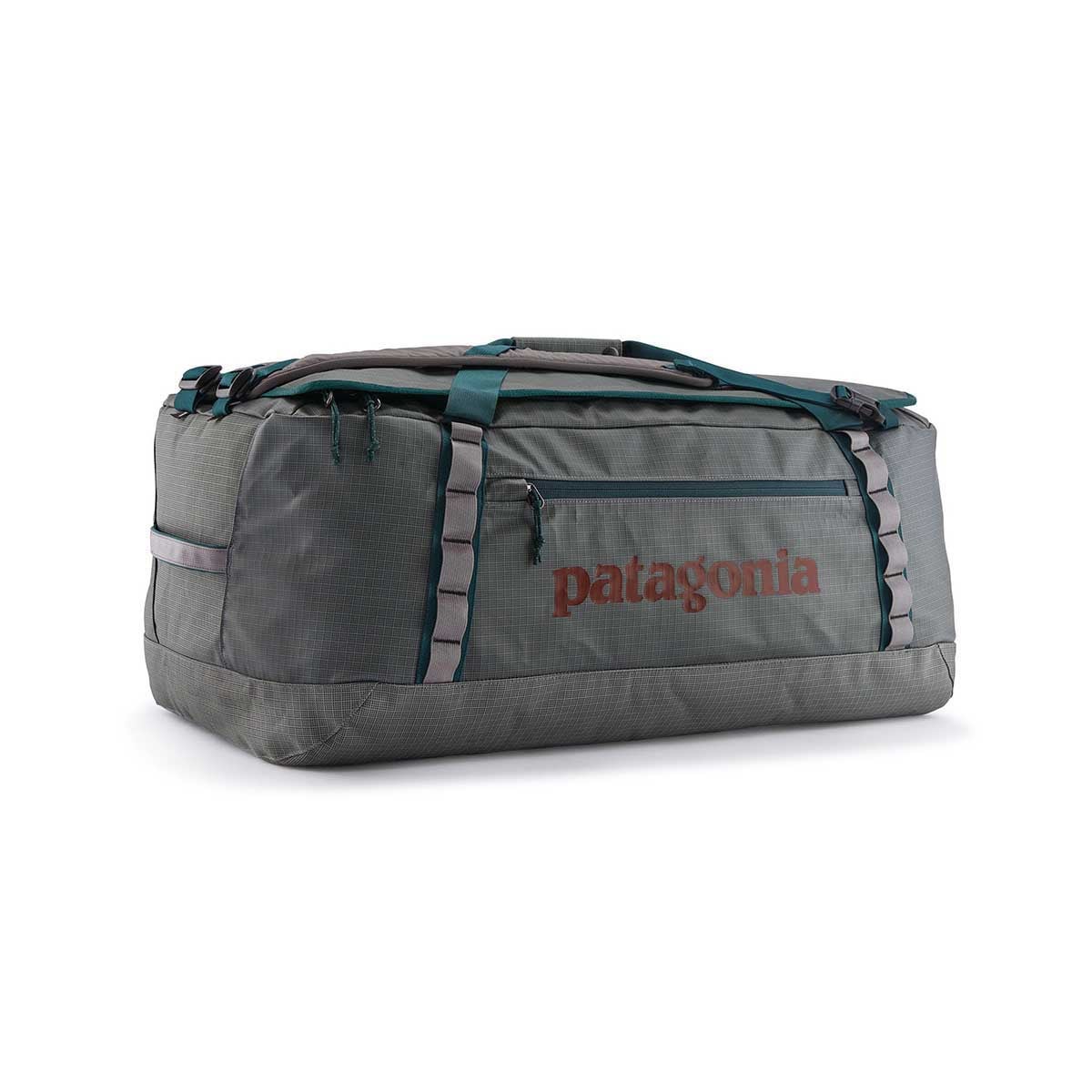 Patagonia Black Hole Duffel 70L in Noble Grey with teal accents on white background