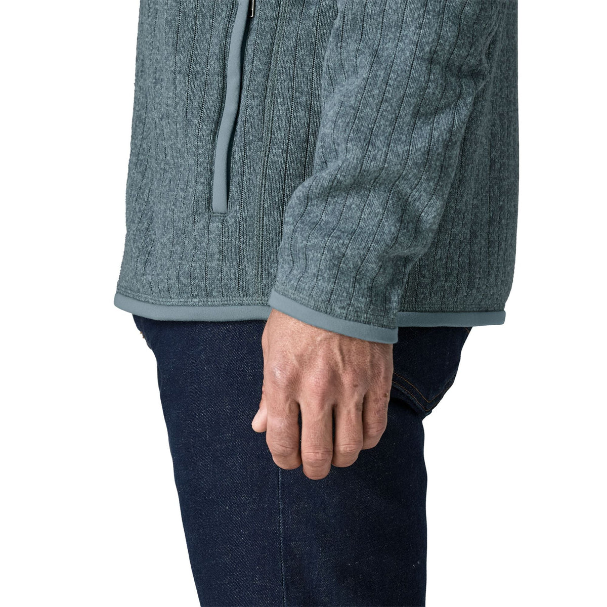Close-up side view of Patagonia Better Sweater Fleece Jacket in Blue Sage Rib Knit colorway
