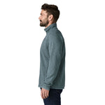 Man wearing Patagonia Better Sweater Fleece Jacket in Blue Sage rib knit, side view