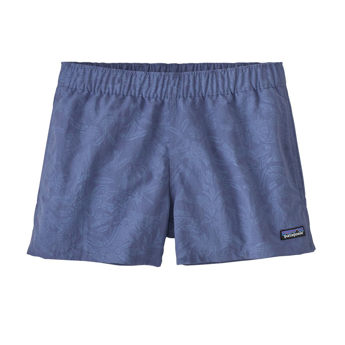 Patagonia Women's Barely Baggies Shorts in blue with tropical leaf print pattern