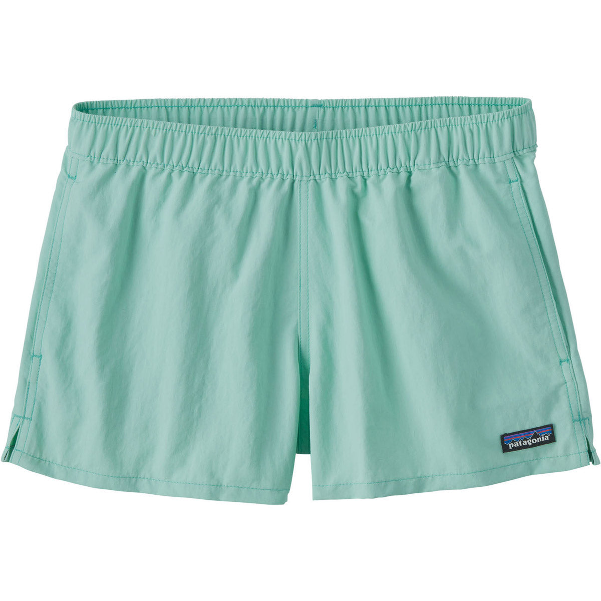 Patagonia Women's Barely Baggies Shorts in light teal green with elastic waistband