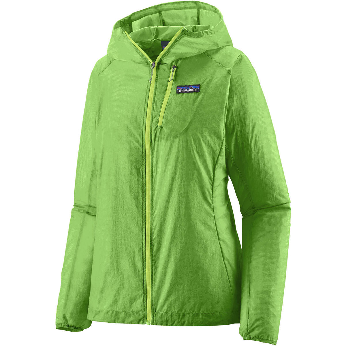 Patagonia Women's Houdini Jacket in bright lime green with hood and full zip