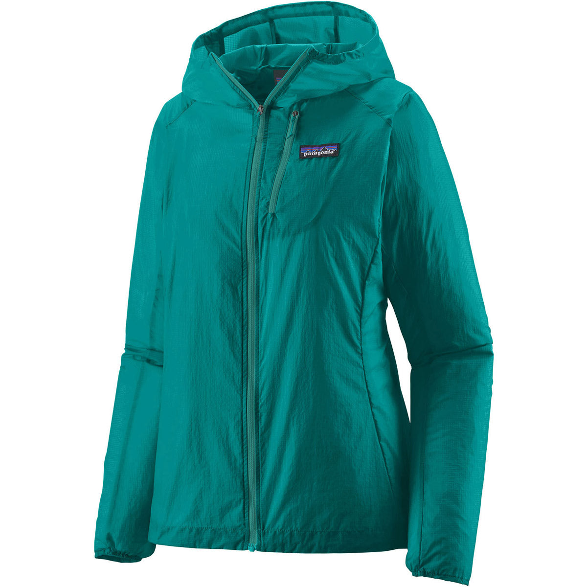 Patagonia Women's Houdini Jacket in teal blue with hood and full zip