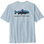 Patagonia light blue organic t-shirt with colorful trout graphic and protect our home water text