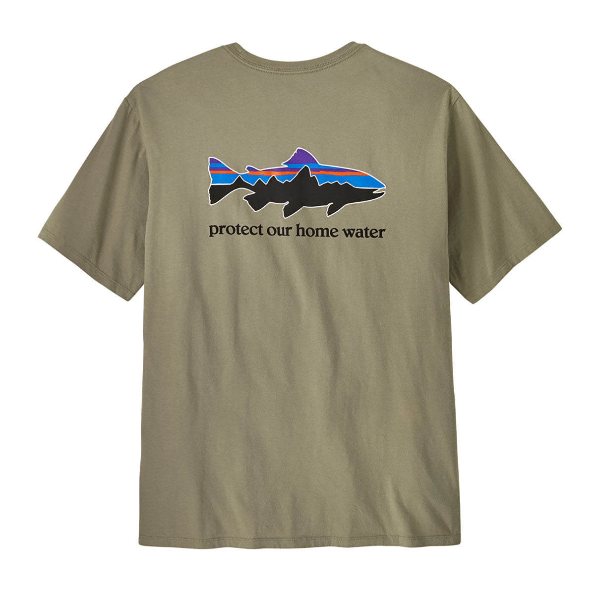 Patagonia Men's Home Water Trout Organic T-Shirt in olive green with fish graphic