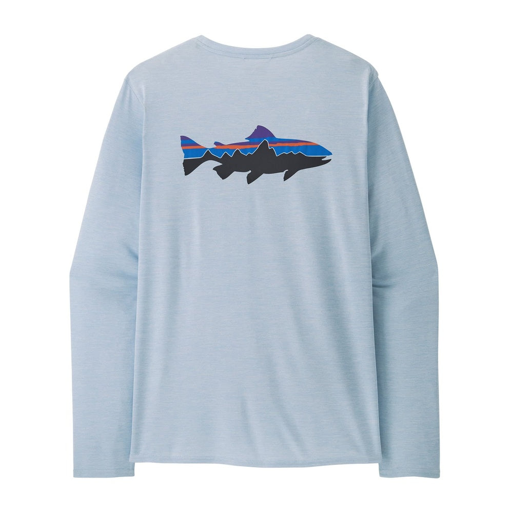 Patagonia light blue long sleeve shirt with colorful fish graphic on back
