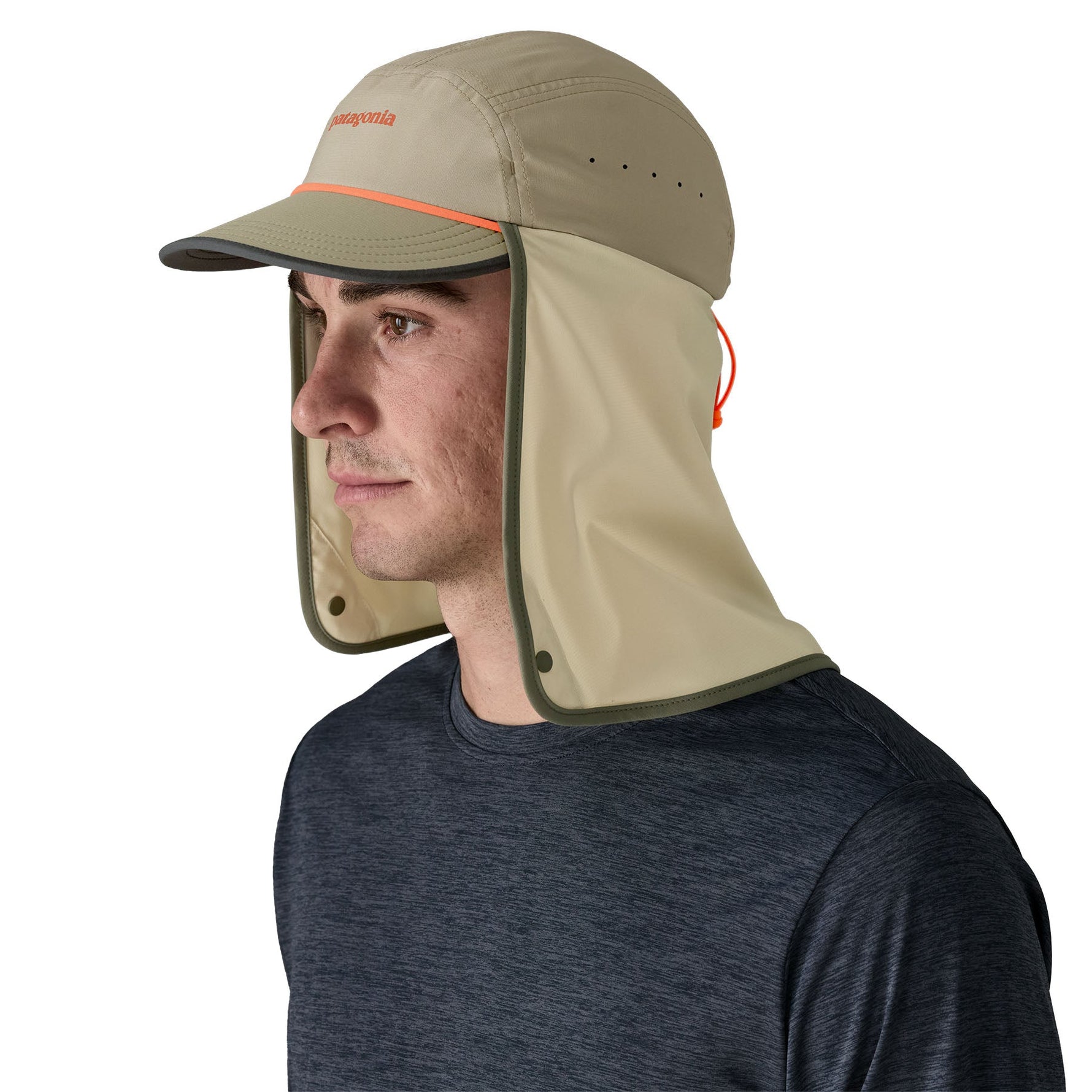 Man wearing Patagonia Caped Merganzer Hat in olive green with neck protection flap
