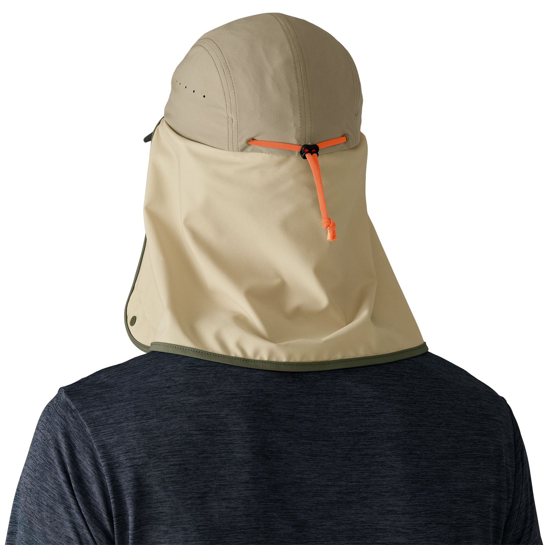 Patagonia Caped Merganzer Hat in tan with protective neck cape and orange adjustment cord
