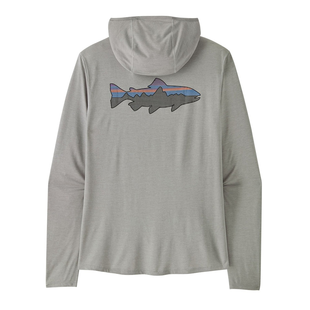 Patagonia men's light grey hooded sun shirt with Fitz Roy trout graphic