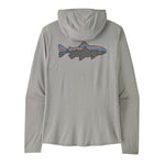 Patagonia men's light grey hooded sun shirt with Fitz Roy trout graphic