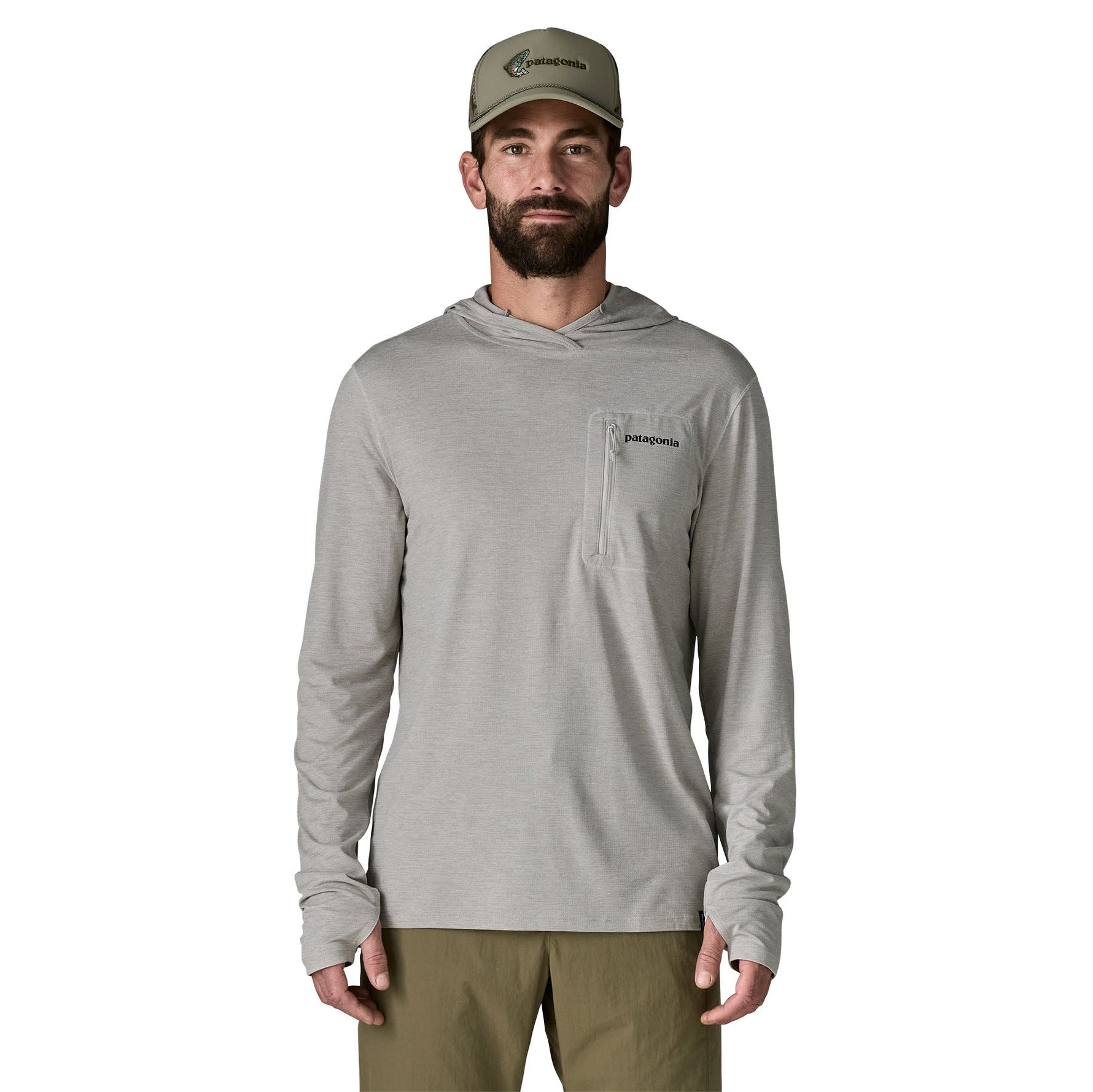 Man wearing Patagonia light grey hooded long-sleeve shirt with chest pocket