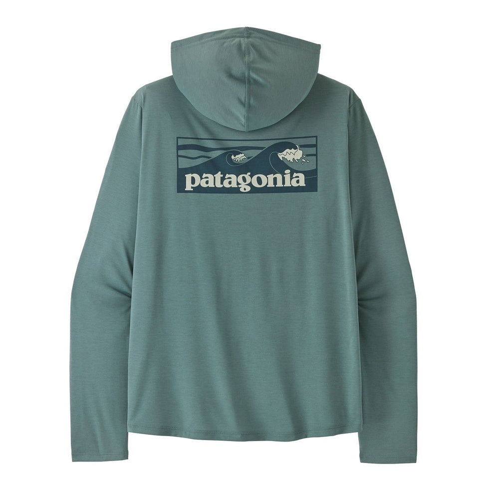 Patagonia men's sage green hooded long sleeve shirt with logo on back
