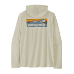 Patagonia men's hooded long sleeve shirt in light sage green with mountain logo