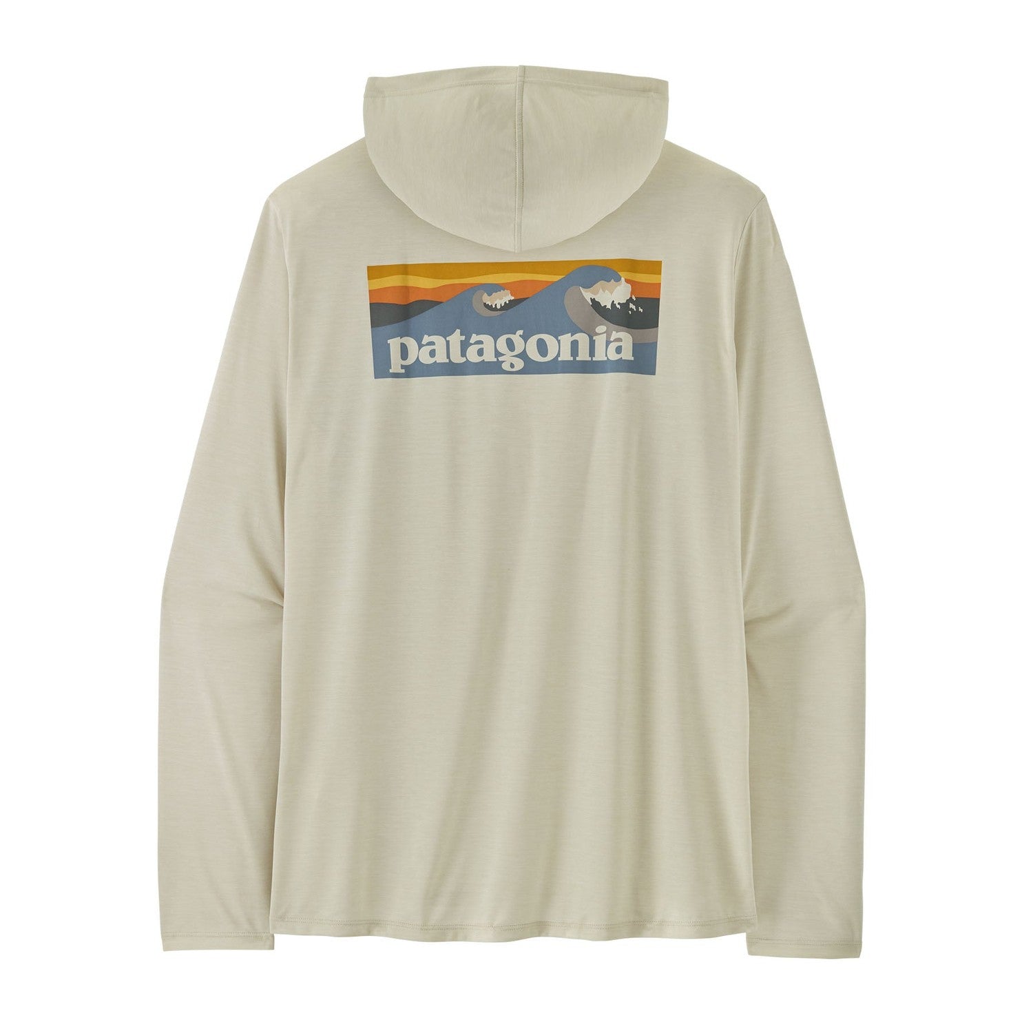Patagonia men's hooded long sleeve shirt in light sage green with mountain logo