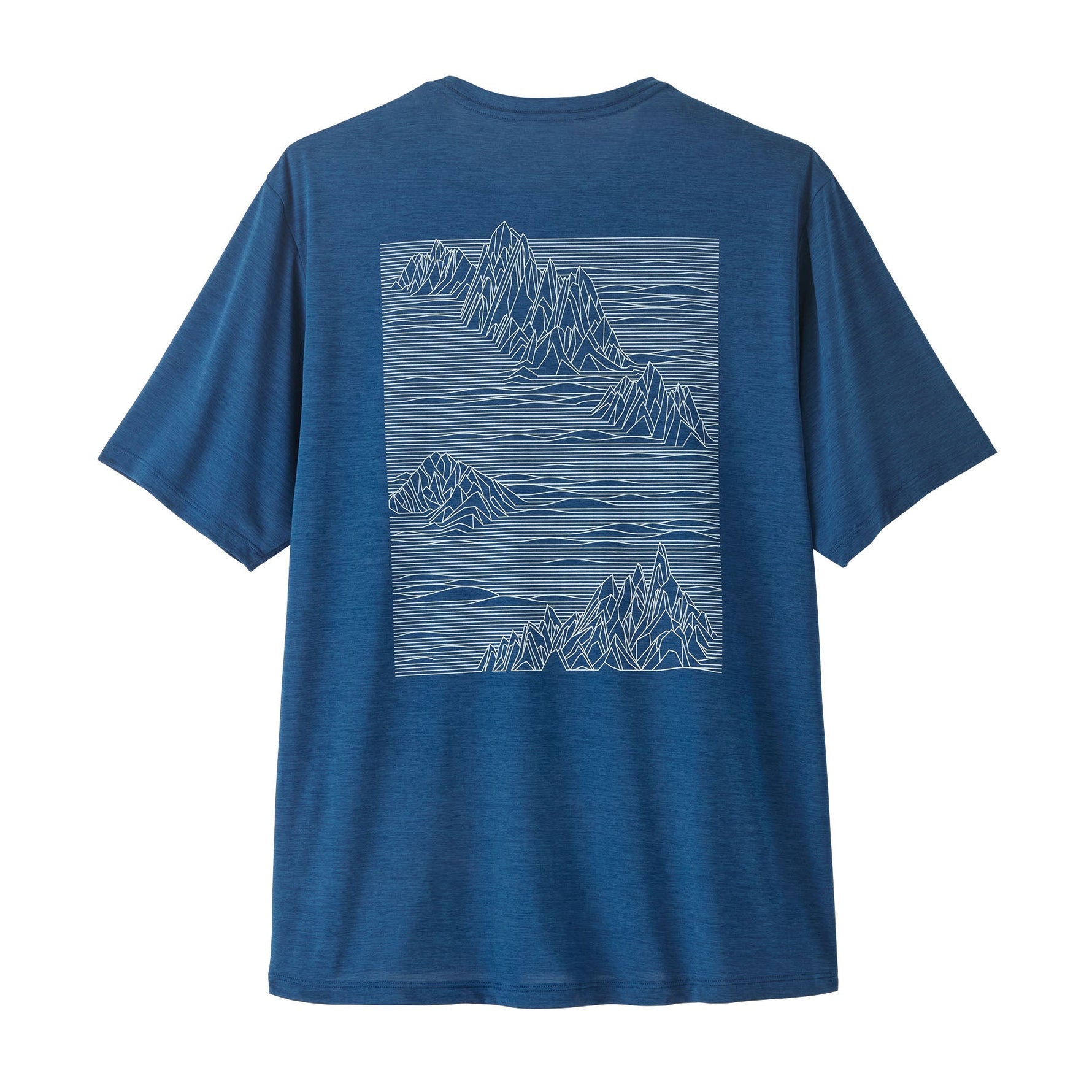 Blue Patagonia men's t-shirt with white linear mountain graphic on back