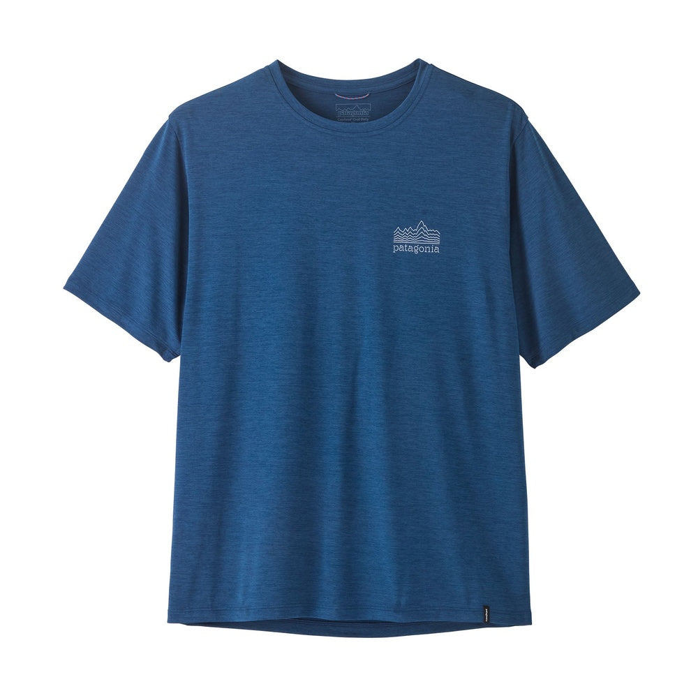 Patagonia men's blue heathered short sleeve t-shirt with mountain logo