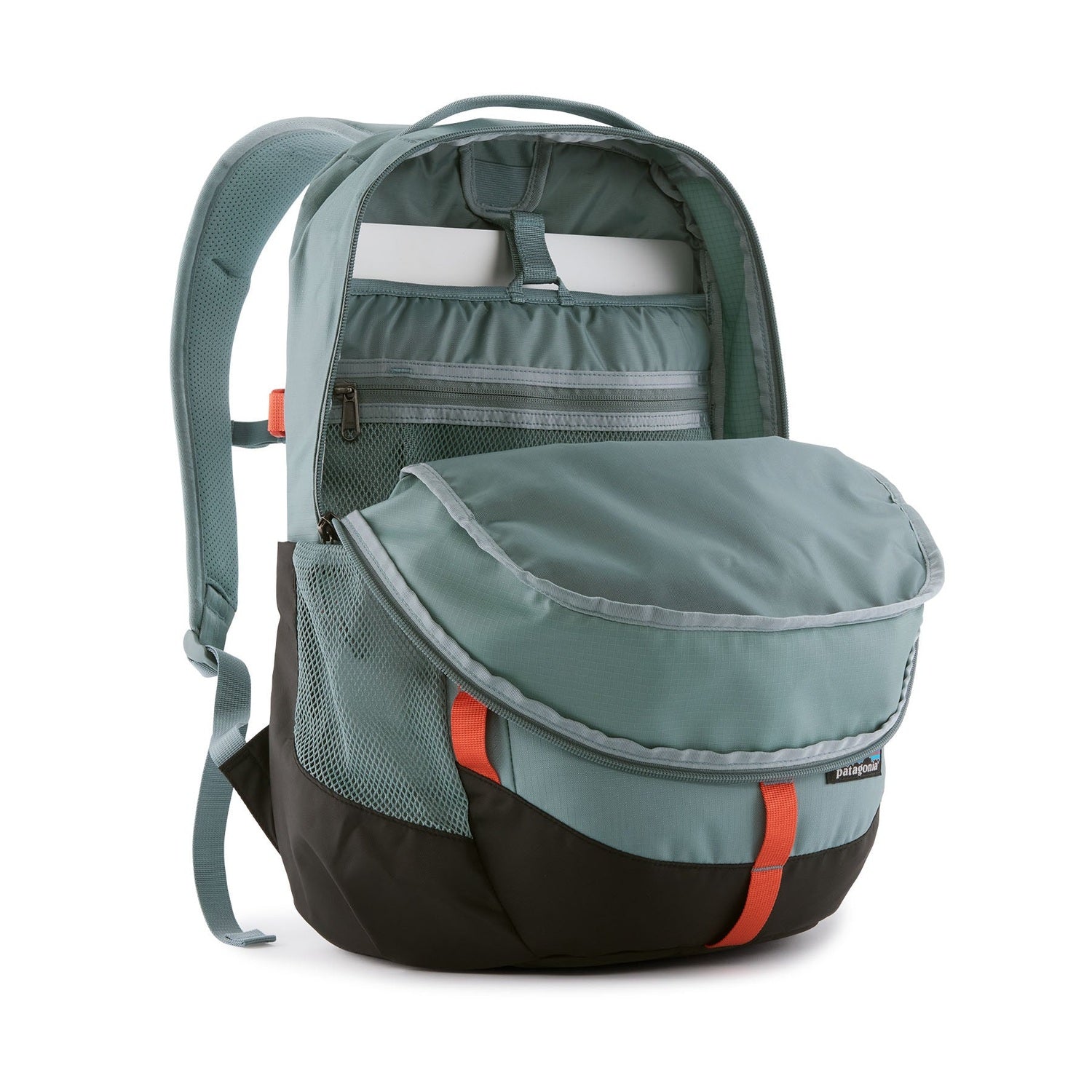 Patagonia Refugio Day Pack 26L in blue sage, open to show interior compartments