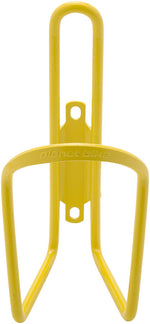 Planet Bike yellow aluminum water bottle cage with mounting hardware on white background