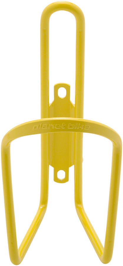 Planet Bike yellow aluminum water bottle cage with mounting hardware on white background