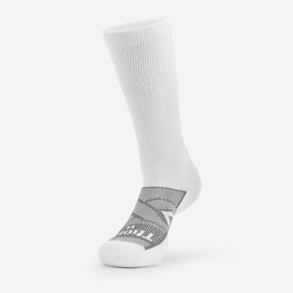 Thorlos white over calf work sock with grey cushioned foot and toe area