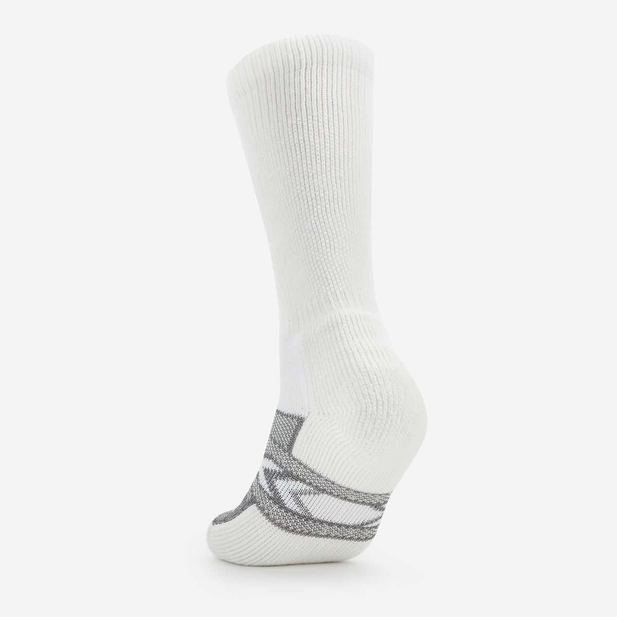 Thorlos white crew work sock with grey accent pattern on heel and toe area