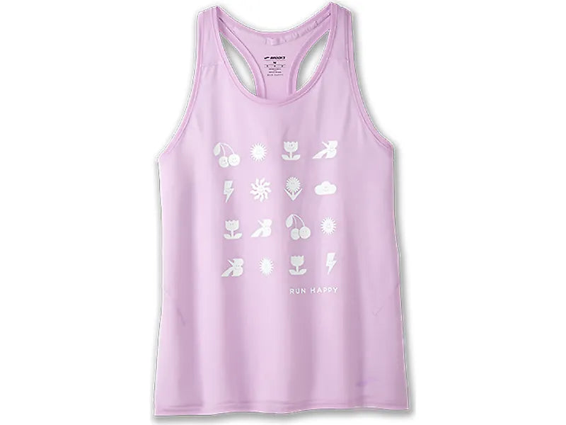 Brooks Distance Tank 3.0 in light orchid purple with white nature-themed icons and Run Happy text
