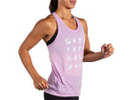 Brooks Distance Tank 3.0 in light orchid purple with white nature icons, worn by female runner