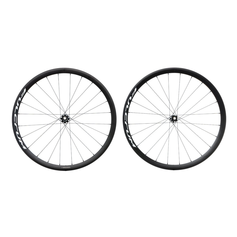 Fulcrum Racing 4 disc brake clincher wheelset pair on white background, front view