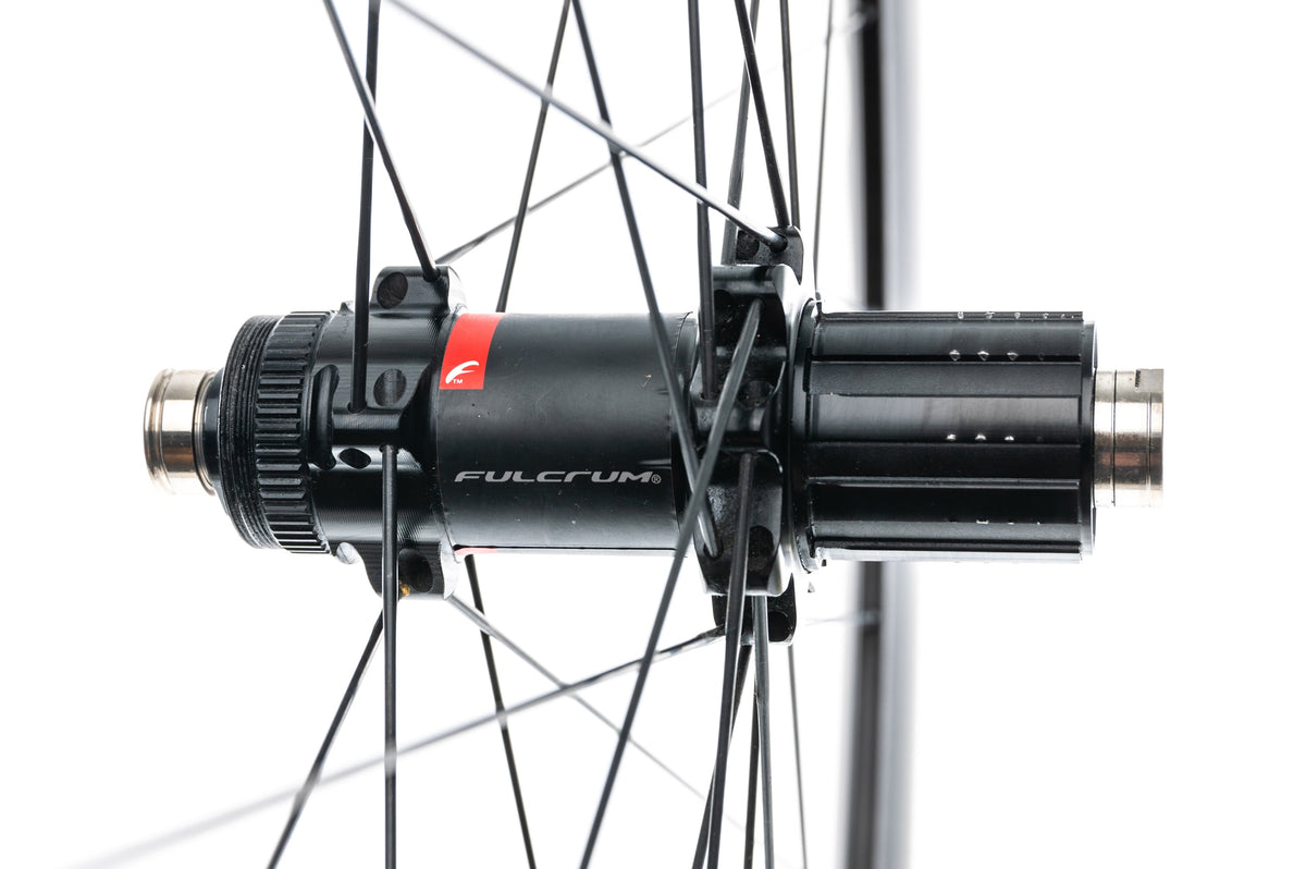 Close-up of Fulcrum disc brake rear hub showing freehub body and axle detail