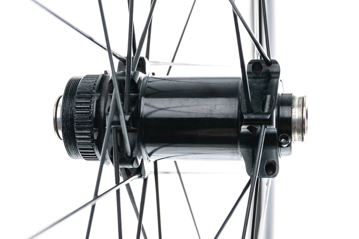 Close-up of Fulcrum disc brake front hub showing axle and spoke attachment detail